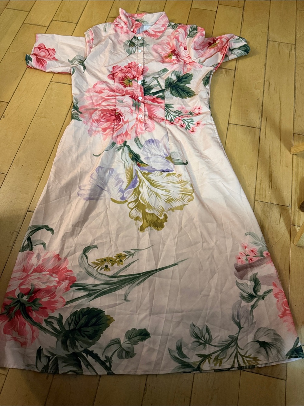 Floral Pink & Green Button-Front Midi Dress